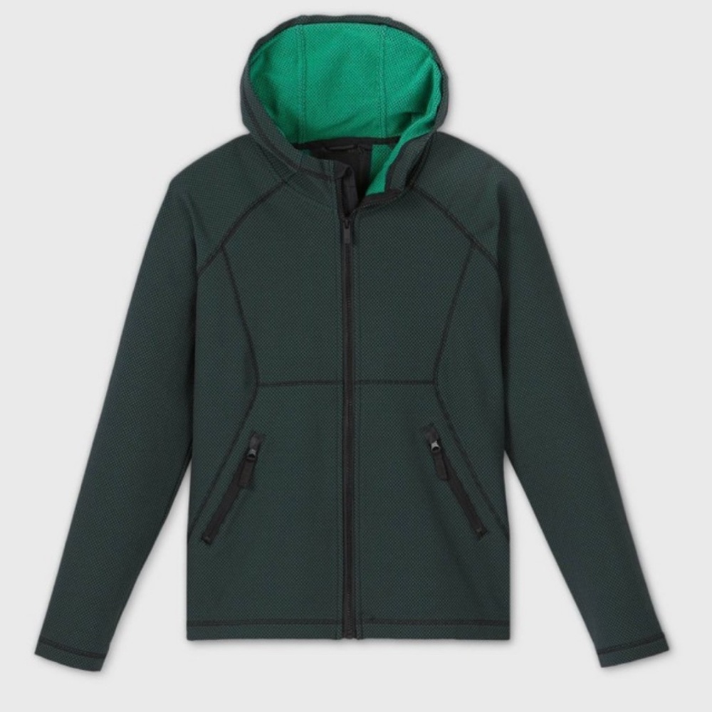 All In Motion Boys Green Woven Fleece Hooded Full Zip Jacket Lightweight Stretch